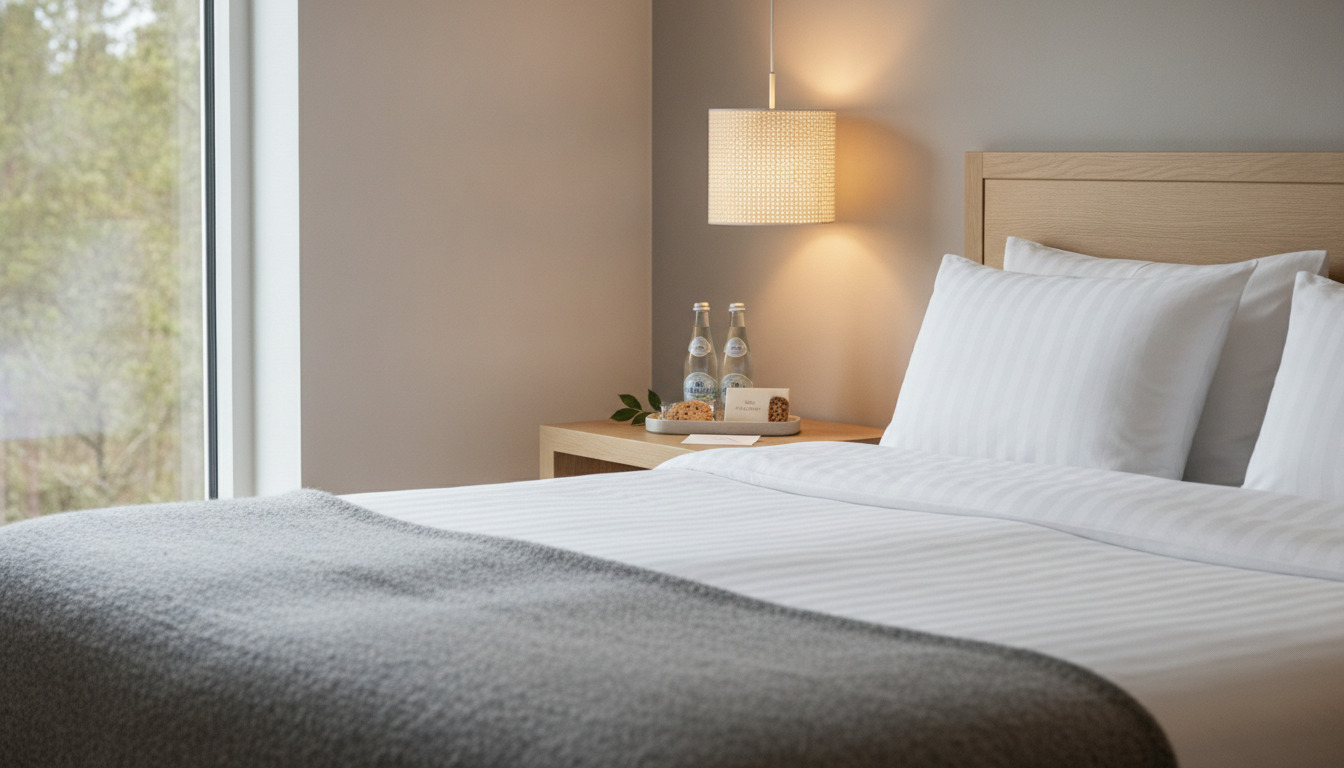 Detalje af hotelværelse med hvidt sengetøj, trælys og bord med velkomstgaver.