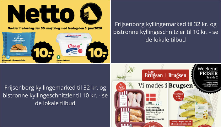 Frijsenborg kyllingemarked til 32 kr. og bistronne kyllingeschnitzler til 10 kr. - se de lokale tilbud