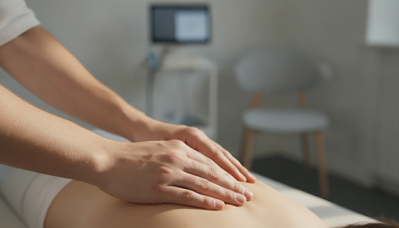Nærbillede af terapeuthænder der udfører manuel behandling på en patients skulder.