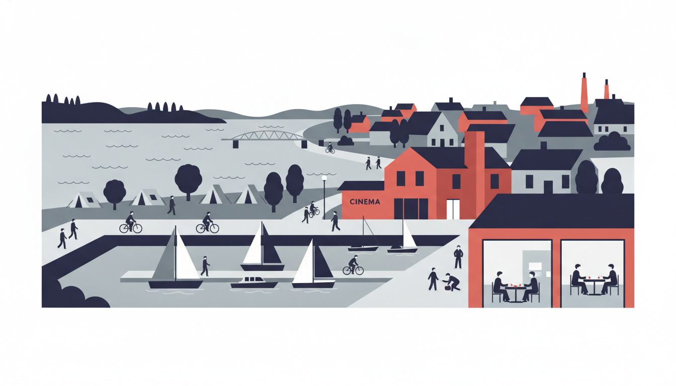 Havnepromenade i Hadsund med sejlbåde på Mariager Fjord, en markant rødt biograf-bygning med skiltning, cykel- og gåstier, campingplads og bybilledet bag ved en bro.