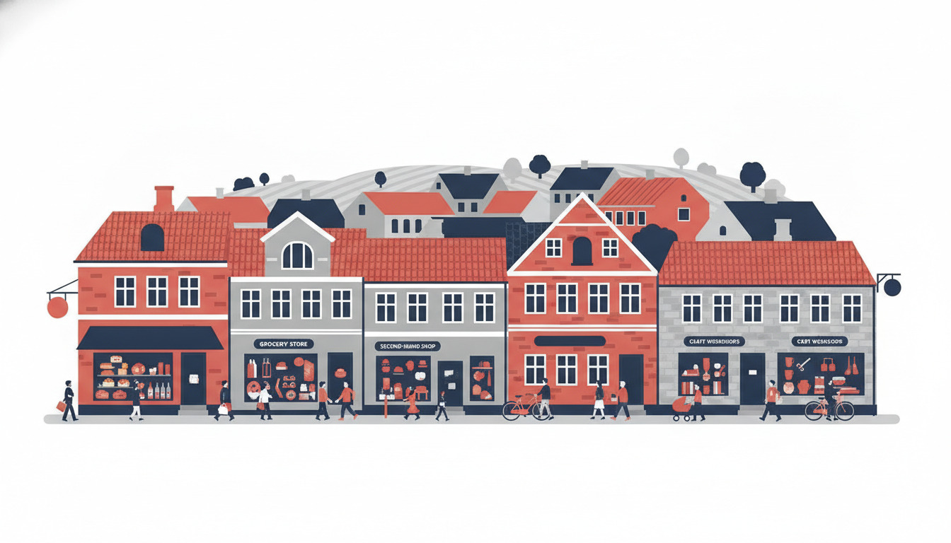 En charmerende fladvektor-illustration af Ærøskøbings historiske butiksstrasse med farverige butiksfacader (dagligvarer, genbrugsvarer, håndværksværksteder) i traditionelle danske bygninger med røde tegltak, der viser lokale varer i vinduerne, med gående og cyklister.