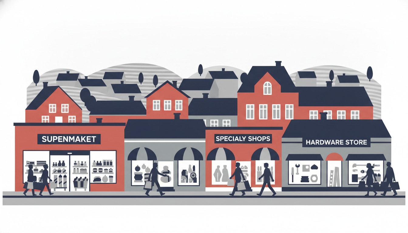 Flat-vector illustration af en travl Skælskør-shoppinggade med røde murstensfacader, stribede markiser, beboelsesbygninger ovenover, og silhuetter af shoppere med tasker, der går forbi generiske butiksfacader.