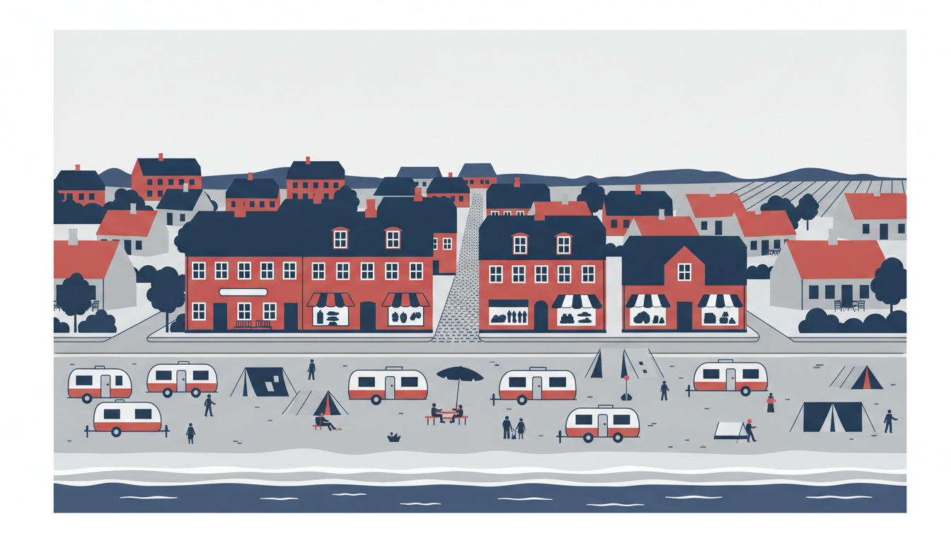 Ebeltoft kystby med campingplads med autocampere og telte ved stranden, historiske røde mursteenshuse og hoteller i bykernen, samt feriehuse blandt træer – overnatningssteder for besøgende.