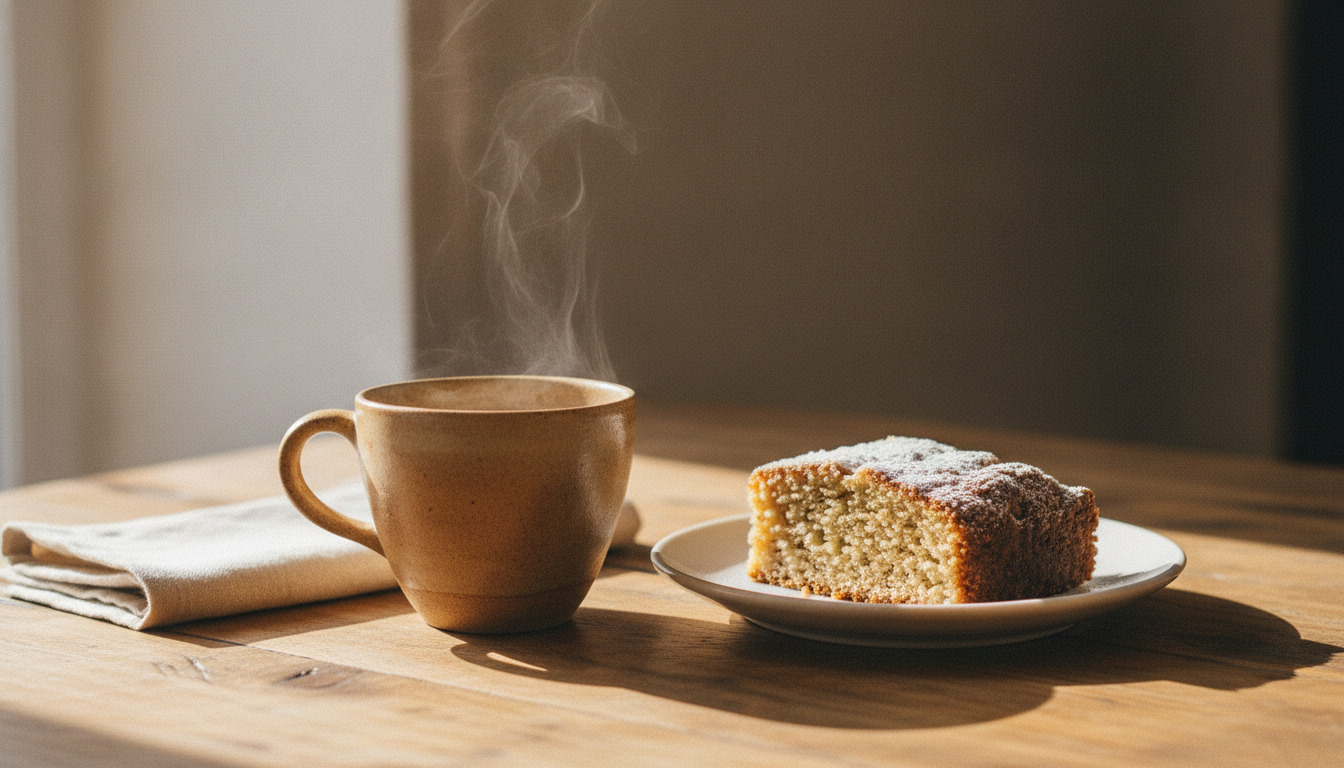 En varm kaffekop med damp og et stykke kage på en træbord i dagslys – hyggeligt caféscene.