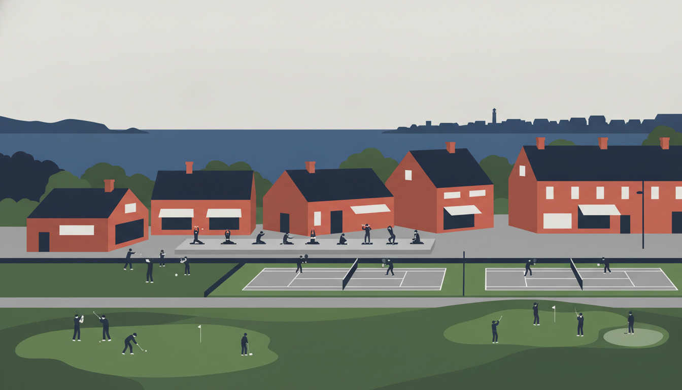Flat-vector illustration af Hornbæk sportshub: golfspillere på velholdte greens, tennis- og padelbaner med spillere, yogagruppe på plaza, røde murstensbyggeri i baggrunden, kystens blå vand og byens skyline på tværs af bugten.