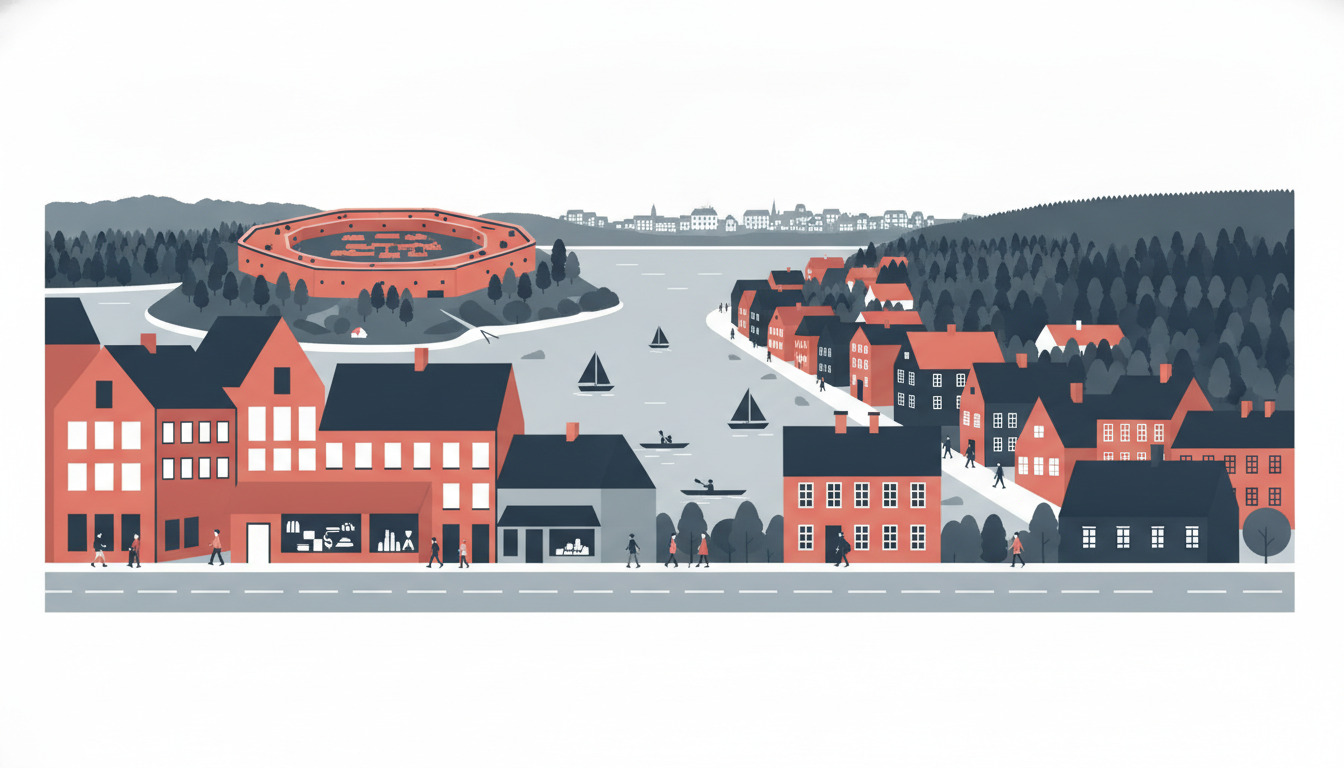 Flad vektorillustration af Hobro, der viser en vikingeringborg på en bakke med udsigt til en fjord med sejlbåde, historiske røde mursten-bygninger og byens vandkant, skovbevoksede bakker og lagdelt landskab.