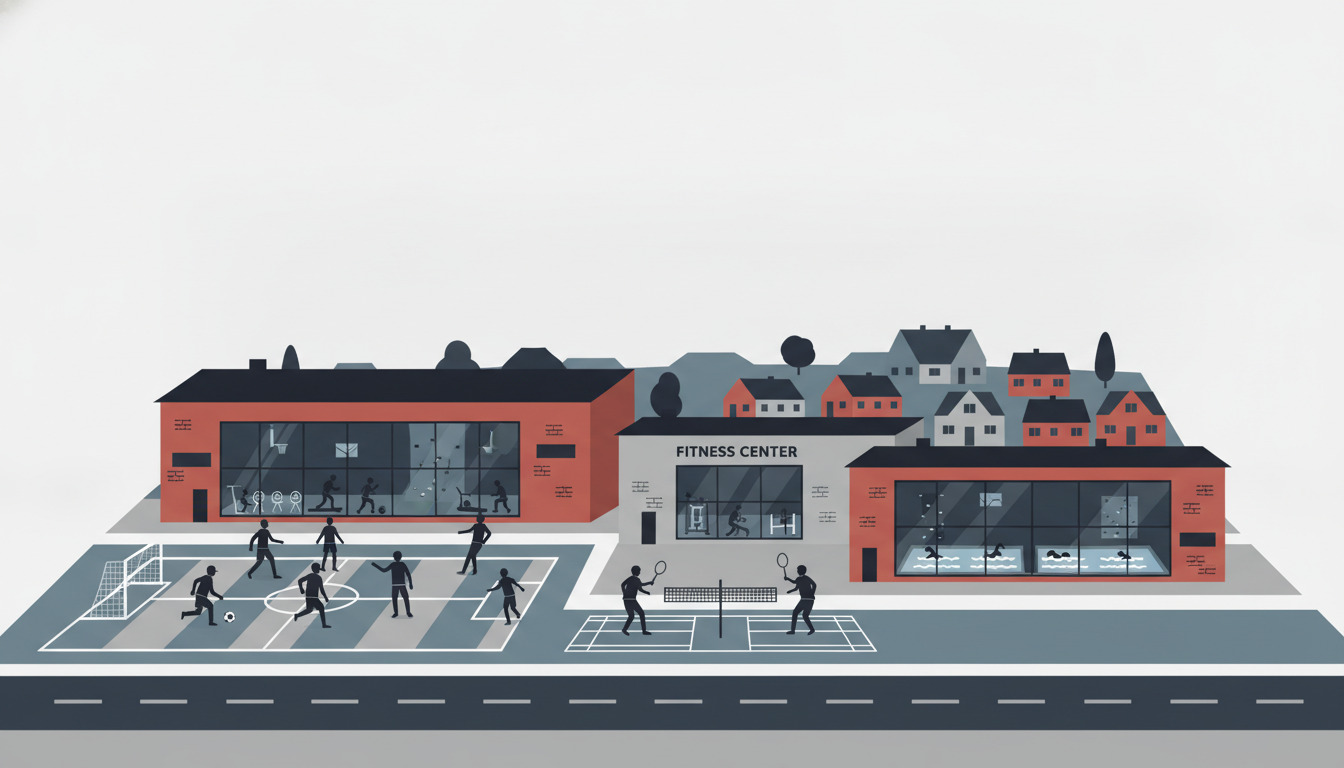 Fladtvektor-sportscene i Brædstrup: moderne rødt sportshall og fitnesscenter med store vinduer, der viser atleter, omgivet af fodboldbane, badmintonbane og bolighusebackgrund.
