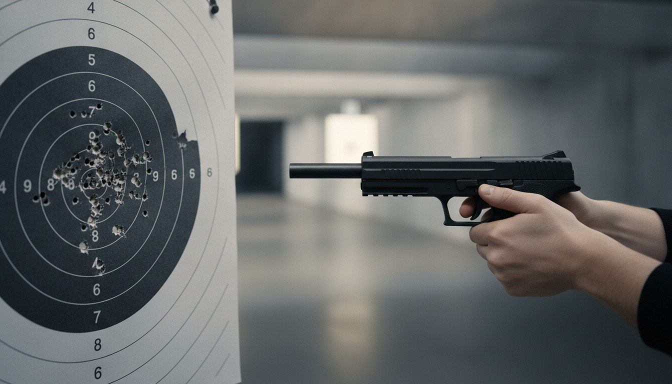 Skudemål med kuglehuleri koncentriske ringe, oplyst af naturligt nordisk lys. Hånd holder sort pistol rettet mod målskiven.
