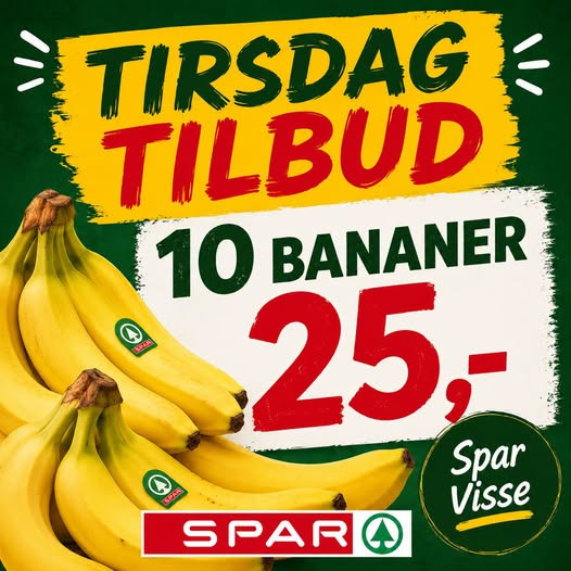 SPAR Visse har tirsdagstilbud på 10 bananer for 25 kr