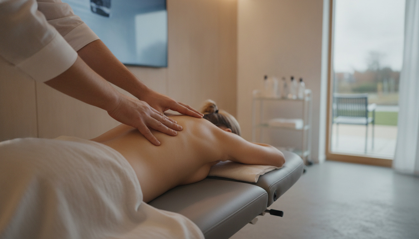 Tæt nærbillede af terapeuthænder, der udfører rygjustering på en patients ryg under behandling.
