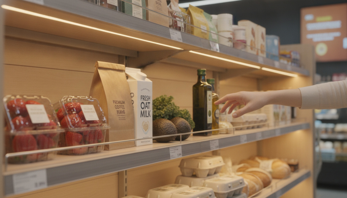 Hånd når efter produkter på en supermarkedshylde med varmt LED-lys og dagligvarer.