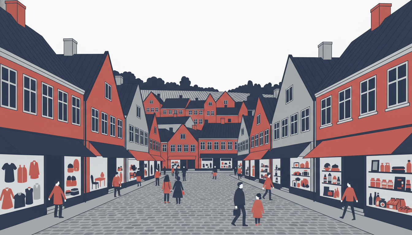 Tønders historiske shoppinggade med traditionelle gavlhuse, butikksvinduer og mennesker på det brolagte torv.