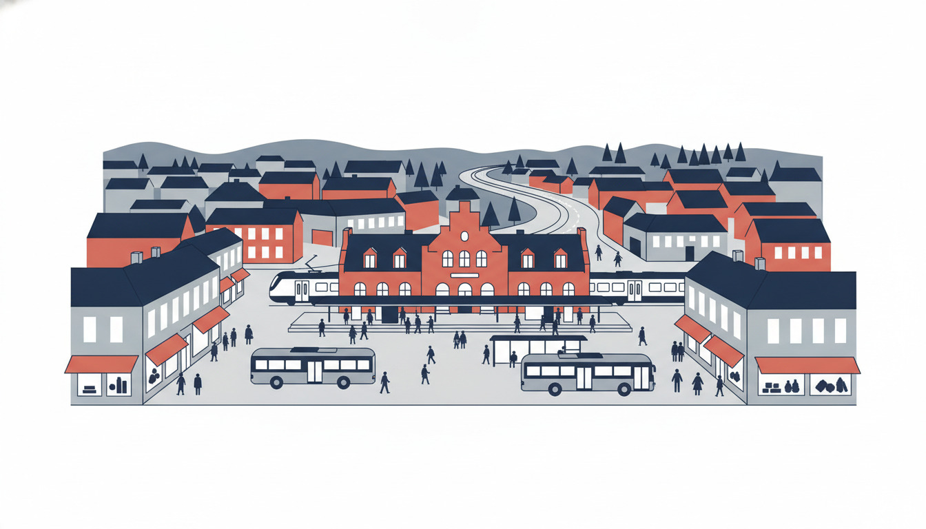 Illustration af Maribos torv med en karakteristisk rød mursten-stationsbygning med tog og busser, omgivet af boligbebyggelse, bakker og transportinfrastruktur, der repræsenterer byens rolle som regionalt mobilitets-knudepunkt.