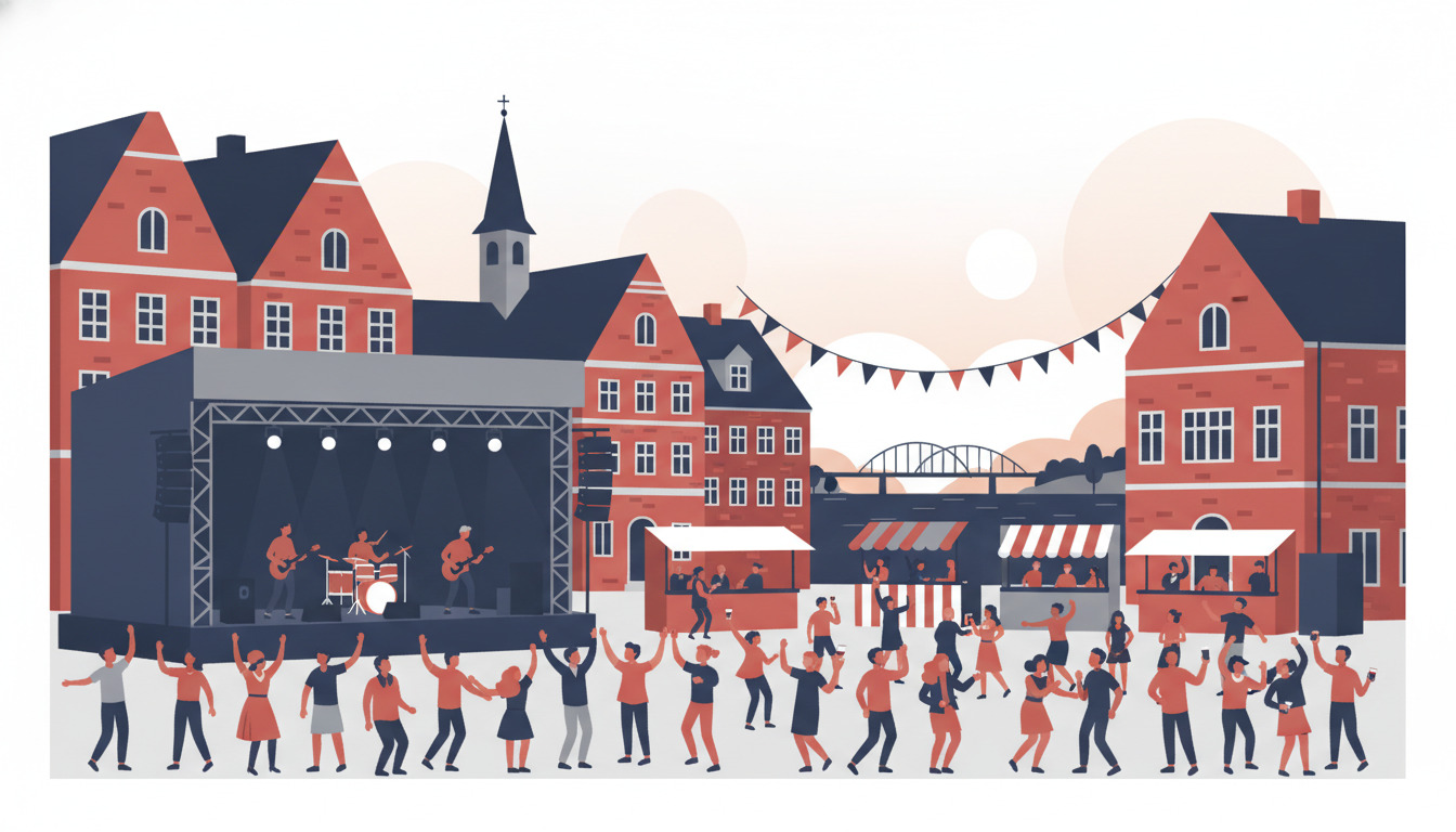 Levende sommerkoncertscene på Middelfarts torv: røde historiske murstenshuse danner rammen om en scene med musikere, dansende folkemængde, fødevarestande med stribede markiser, feston over hovedet og Lillebæltsbroen synlig i varmt aftenlys.