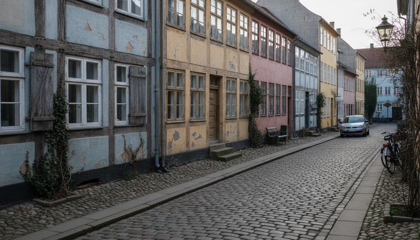 Tæt på slidte brosten og falmede facader med halvtimberkonstruktion og efeu på historisk dansk gade.