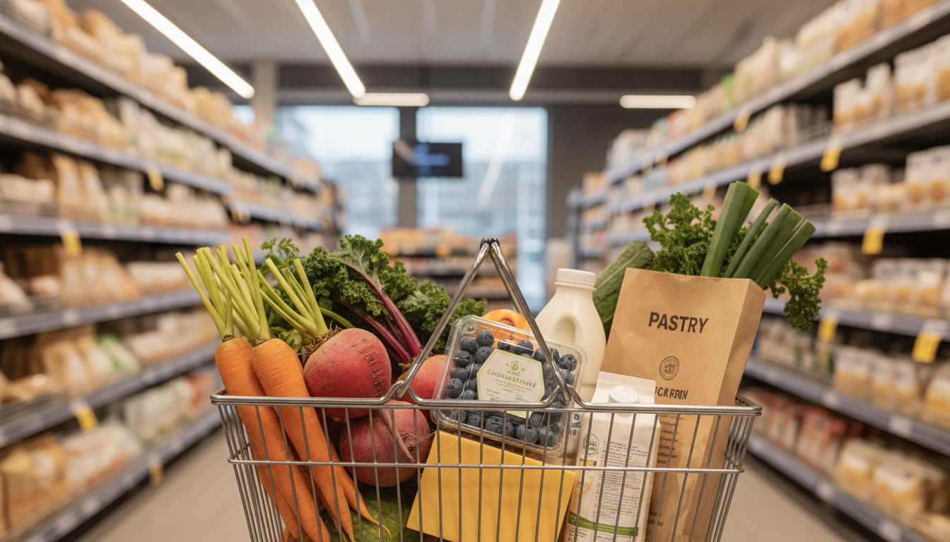 Indkøbskurv fyldt med friske grøntsager, frugt, mejeriprodukter og dagligvarer på generisk supermarkedsbaggrund.