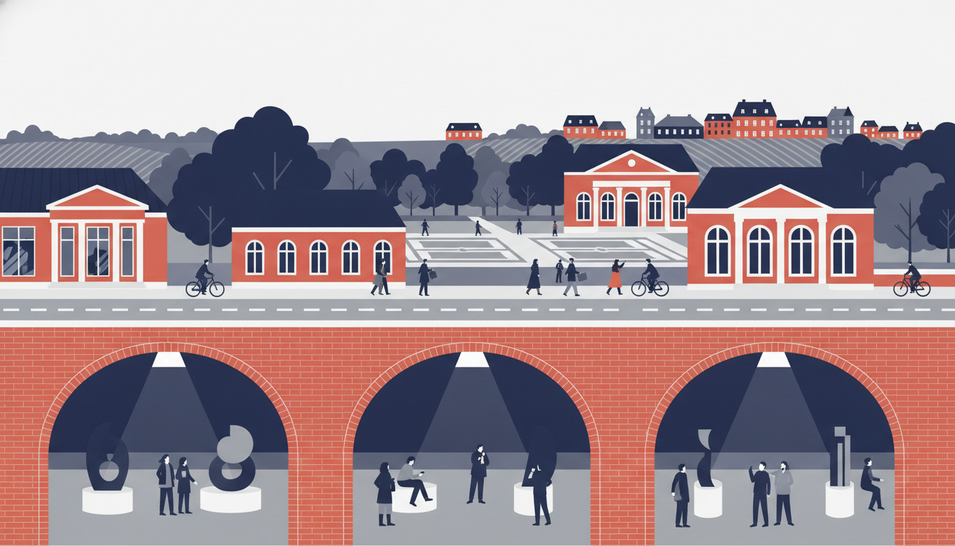 Frederiksberg kulturscene med besøgende i underjordisk kunstrum under historiske teglstensbuer, museumsarkitektur, parklandskab og cykler på gaden.