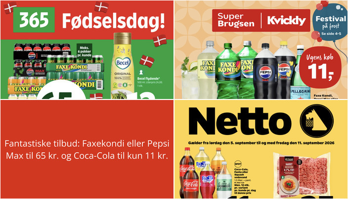 Fantastiske tilbud: Faxekondi eller Pepsi Max til 65 kr. og Coca-Cola til kun 11 kr.