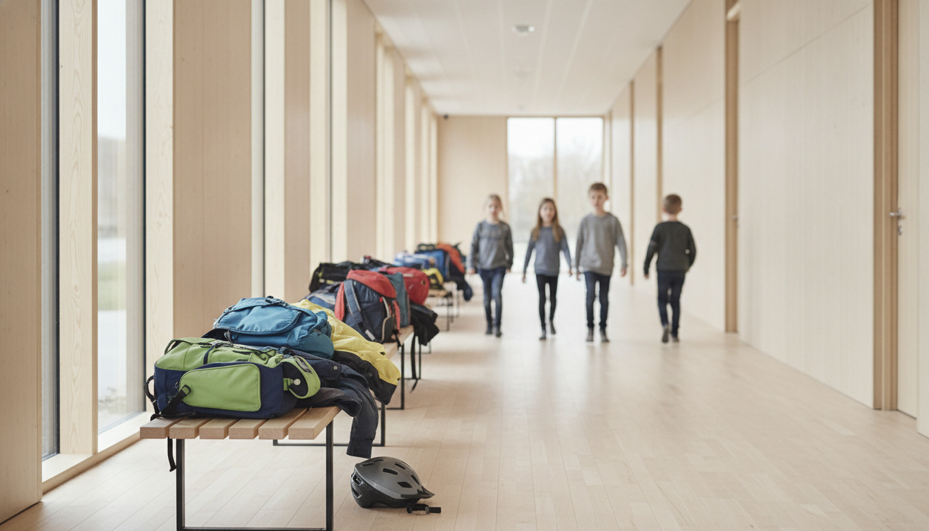 Farvede skoletasker og cykelhjælm på træbænk i lyst skolekorridor med naturligt lys gennem vinduer.