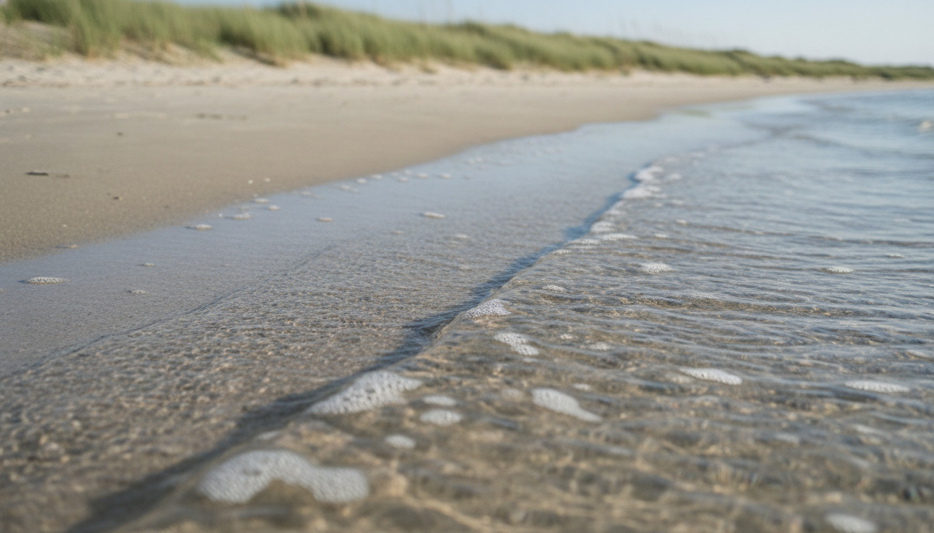 Tæt optagelse af klart vand, der møder lyst sand ved en fredelig strantkant.