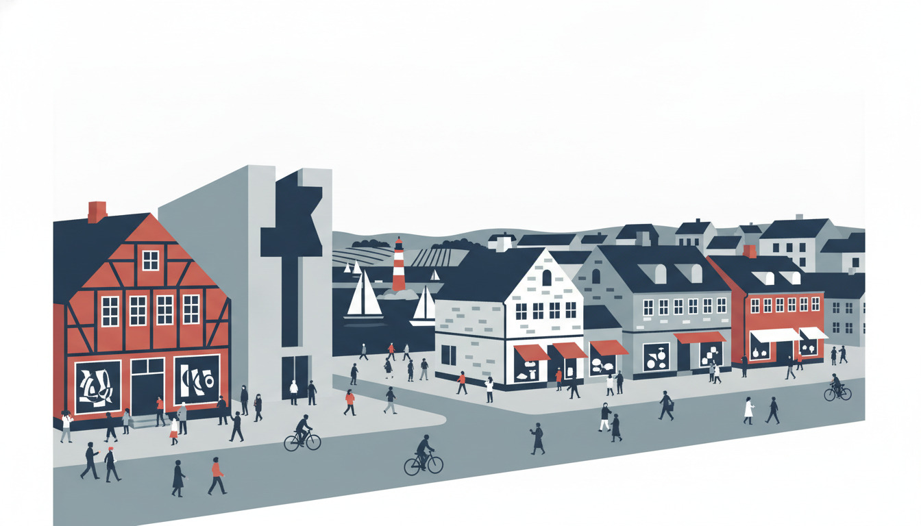 Vibrant dansk kystkulturkvartal med røde bindingsværksbygninger, moderne gallerier, caféer, havn med sejlbåde, fyrtårn og lokale borgere, der nyder de kunstneriske rum.