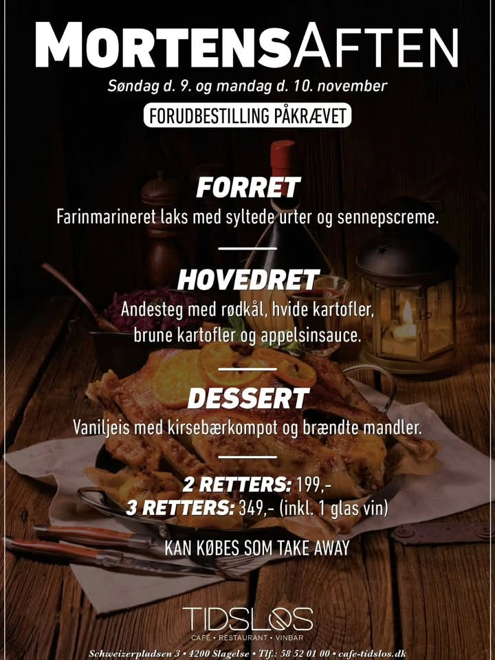 Mortensaftenmenu og hyggelige omgivelser hos Café Tidsløs