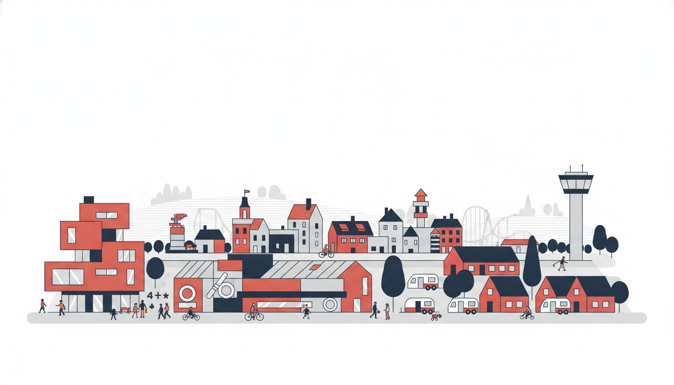 Fladt vektorillustration af Billunds overnatningslandskab: et rødt 4-stjernet hotel, ferieby, campingplads med autocampere, feriehytter, lufthavnskontrolltårn og fjerne Legoland-silhuetter mod en lysklar himmel.
