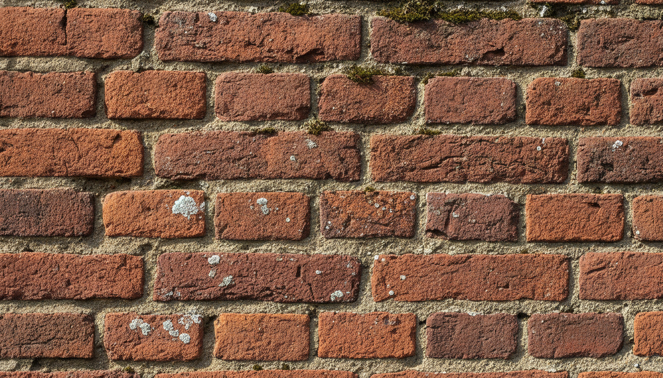 Detaljefoto af rødt murværk med fugemørtel belyst af blidt nordisk dagslys.