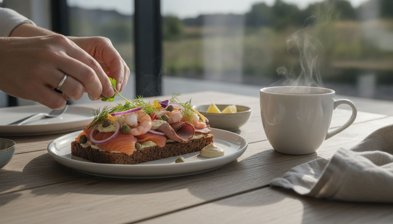 Billede af traditionelt dansk smørrebrød med friske ingredienser og en kop kaffe på et træbord i naturligt lys.