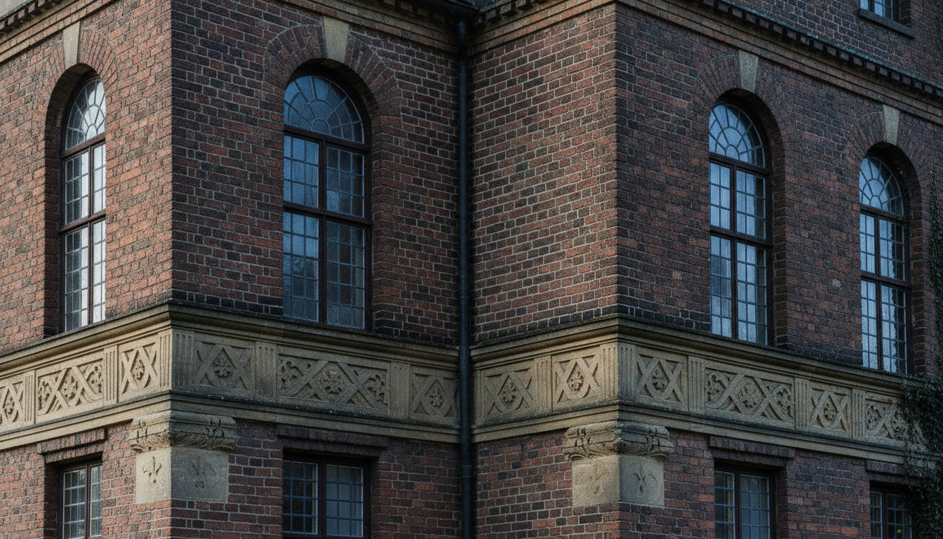Nærbillede af rød mursten og udskåret dekorativ stenlist på historisk dansk hovedbygning.