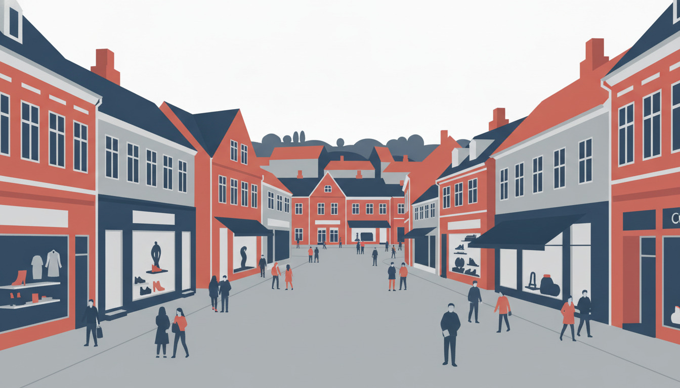 Hobro shoppinggade: en livlig fodgængerzone med røde mursten og pudsede facader, udstillingsvindue med tøj og sko, handlende som stroller frit omkring, historiske danske tagudbygninger med mørke tegl i baggrunden.