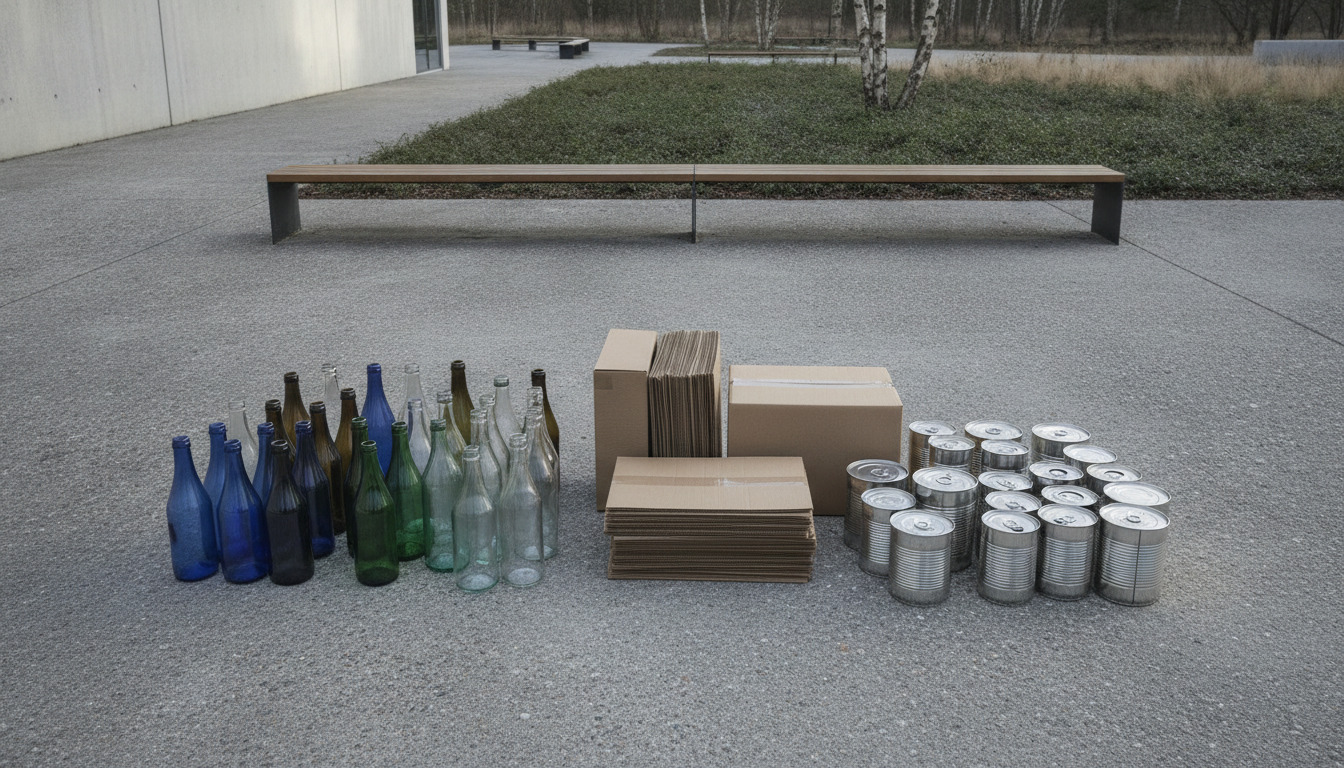 Sortering af genbrugsmaterialer – glasflasker, pap og metalbeglere på cementflade.