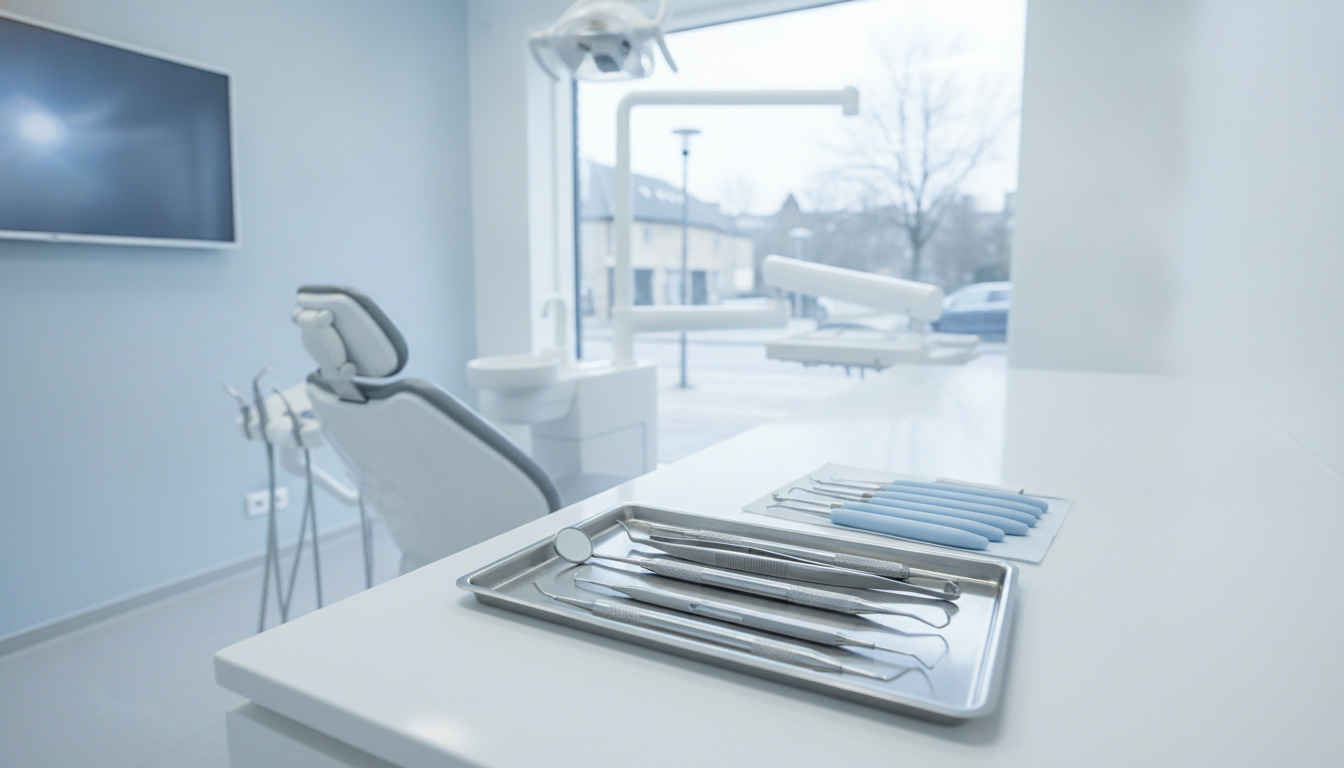 Dental instrumenter på stålbakke i klinisk behandlingsrum med hvidt og blåt lys.