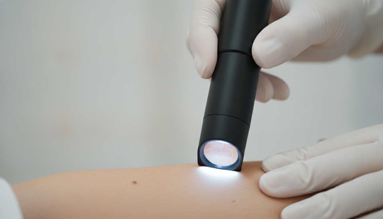 Læges hænder undersøger hud med dermatoskop i klinisk miljø.