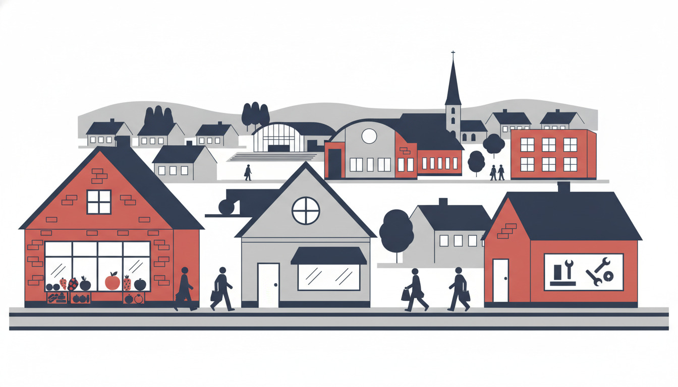 Illustration af Bryrup bycenter med grocer med store vinduer, lokale servicebygninger, svømmefacilitet, kirke med spir, boligbygninger og figurer på gaden i flade vektorer.