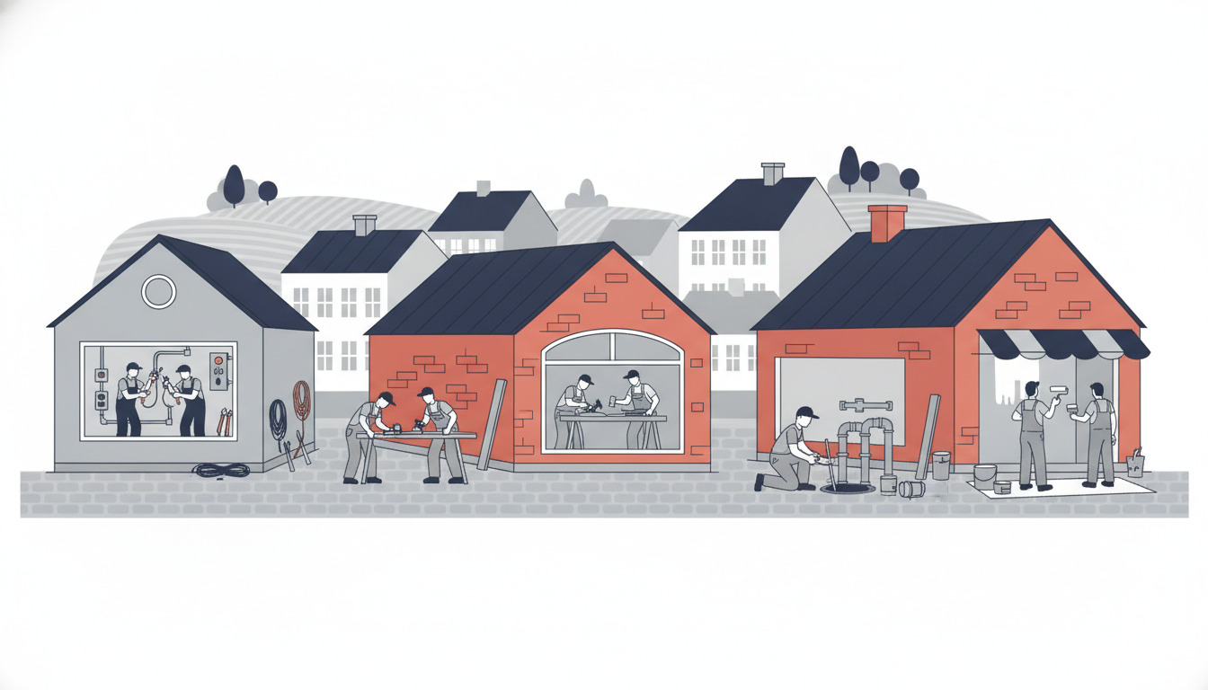 Fladvektor-illustration af håndværkere på arbejde i Spjald: tømrere, elektrikere, malere og blikkenslagere i værkstedsbygninger med rødt mursten og grå facader, værktøj og materialer spredt omkring, danske tage i blød baggrund.