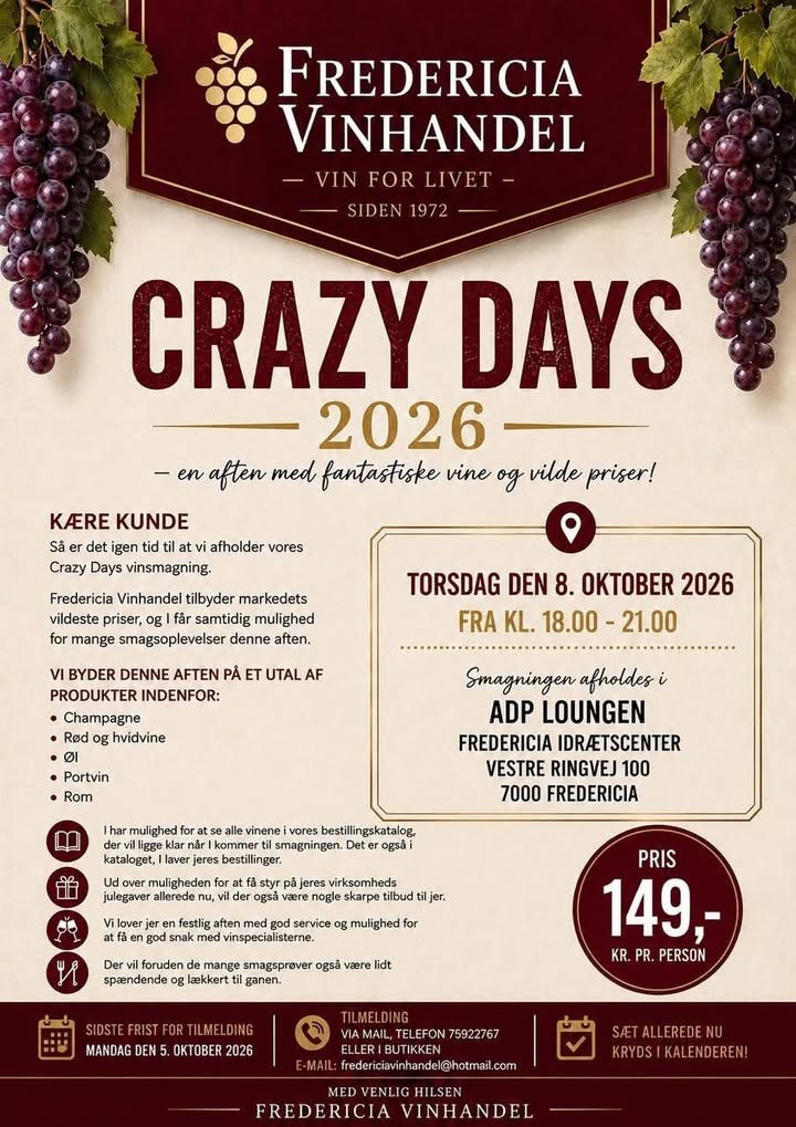 FREDERICIA VINHANDEL udlodder 2 billetter til Crazy Days 2026