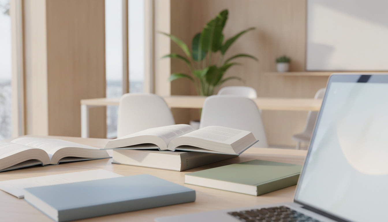 Åbne bøger og notesbøger på lyse bord med laptop, minimalistisk arbejdsplads med plantekrukke.