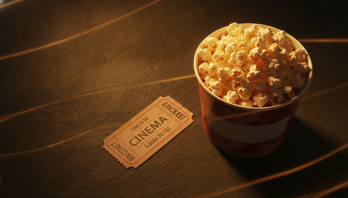 Popcornbalde og filmbillet på mørkt træ med varm belysning, set fra oven.