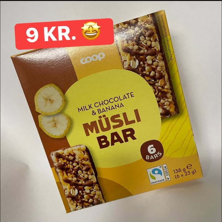 SuperBrugsen Dronninglund tilbyder Coop müsli barer med chokolade og banan til kun 9 kr.