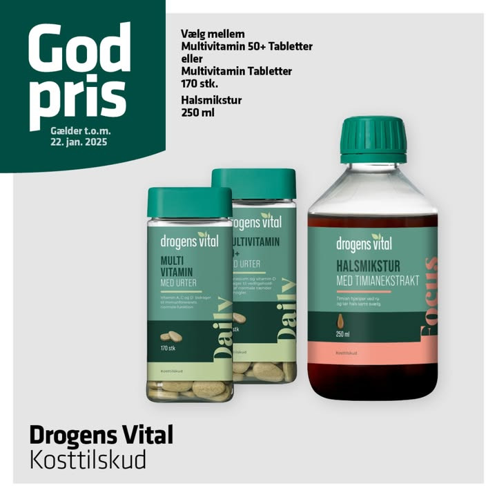 Vejlby Apotek tilbyder gode priser på kosttilskud fra Drogens Vital indtil 22. januar