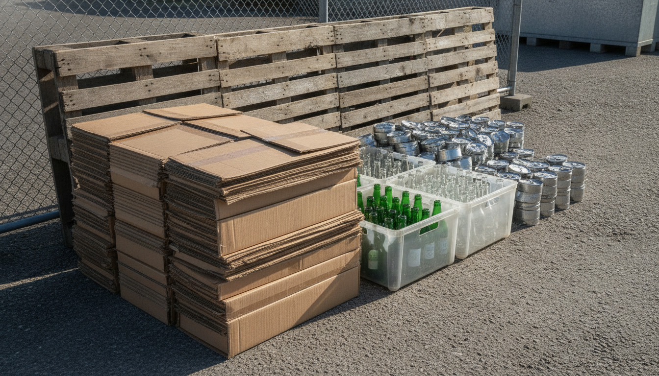 Sorteret genbrugsmateriale på en genbrugsplads: flattrykkede papkasser, grønne og klare glasflasker i kasser, metalcontainere og træpallefliser.