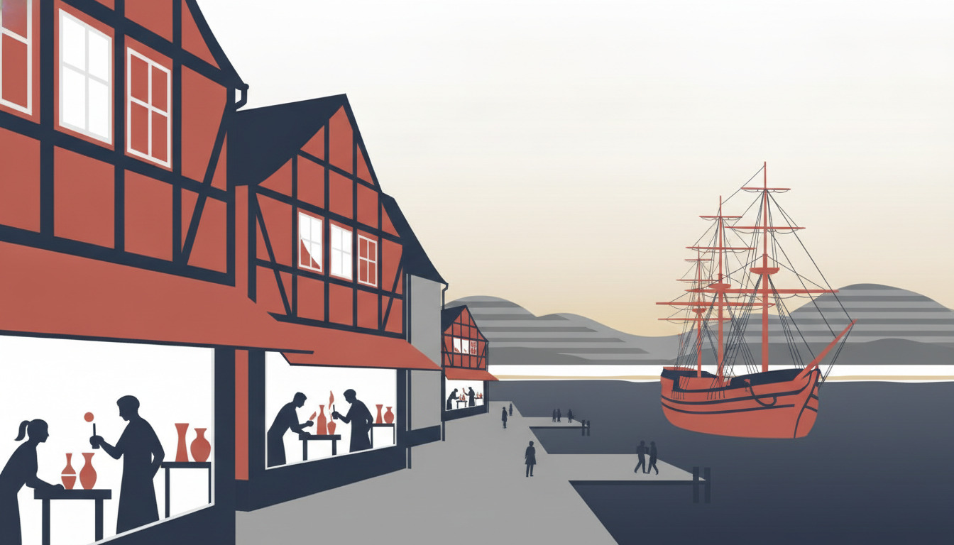 Kystscene fra Ebeltoft med bindingsværkshåndværkerhus i forgrunden, fregaten Jylland fortøjet ved havnen, figurer, bakket terræn i baggrunden.