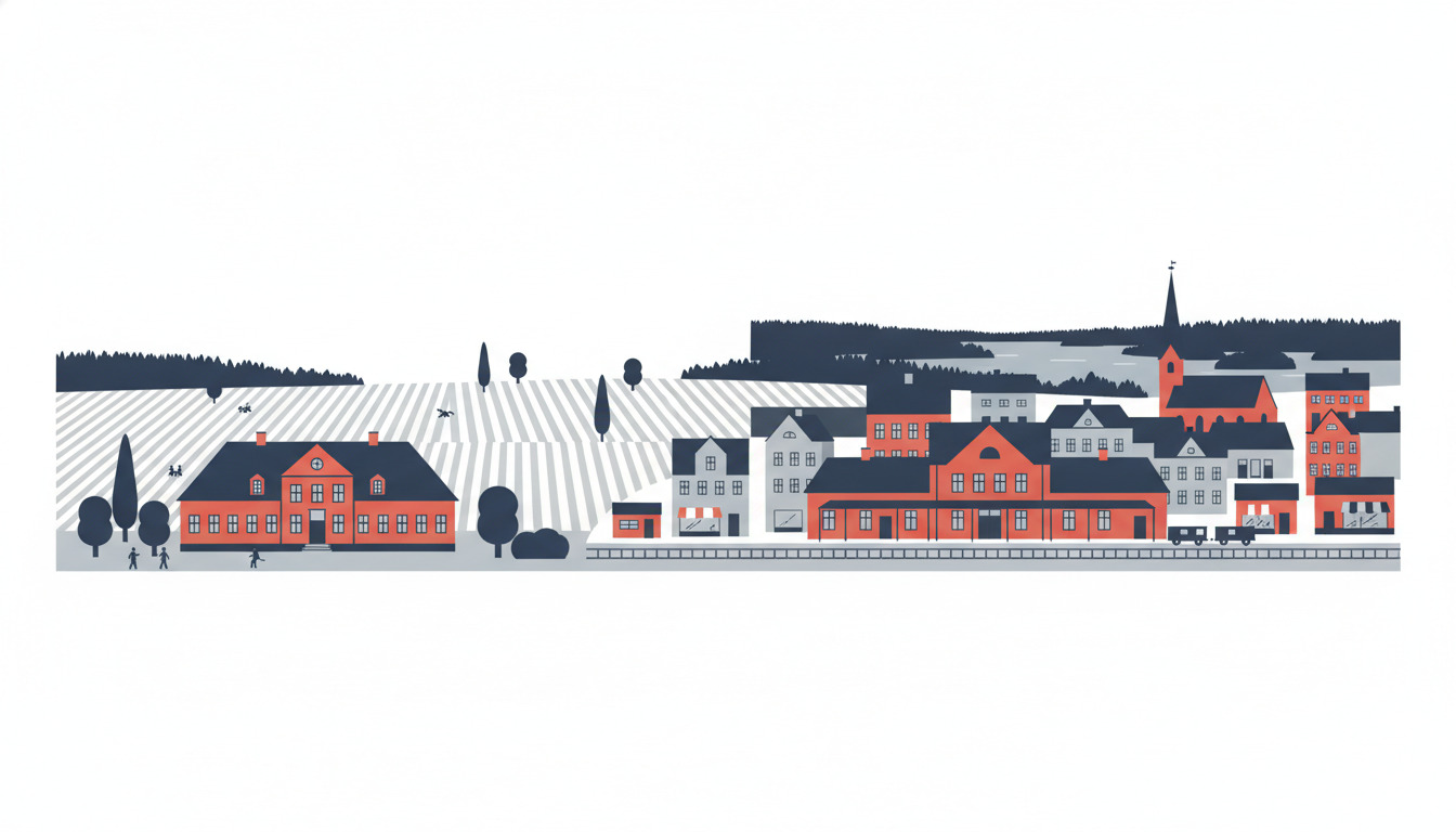 Flad vektorillustration, der viser Ryomgårds udvikling fra et landligt herregårdsområde med marker (venstre) gennem en jernbanestation (midte) til en moderne by med orange mursten-bygninger og en kirketorn (højre), omkranset af skov og vand.