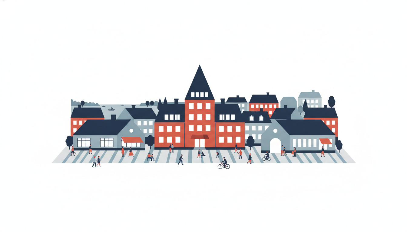 Fladt vektorillustreret dansk kommunalt bycentrum med en fremtrædende rød rådhus med høj mørk spir i centrum, flankeret af grå og røde murstenscivilbygninger, med et zebrastriba og mangfoldige fodgængere i forgrunden.