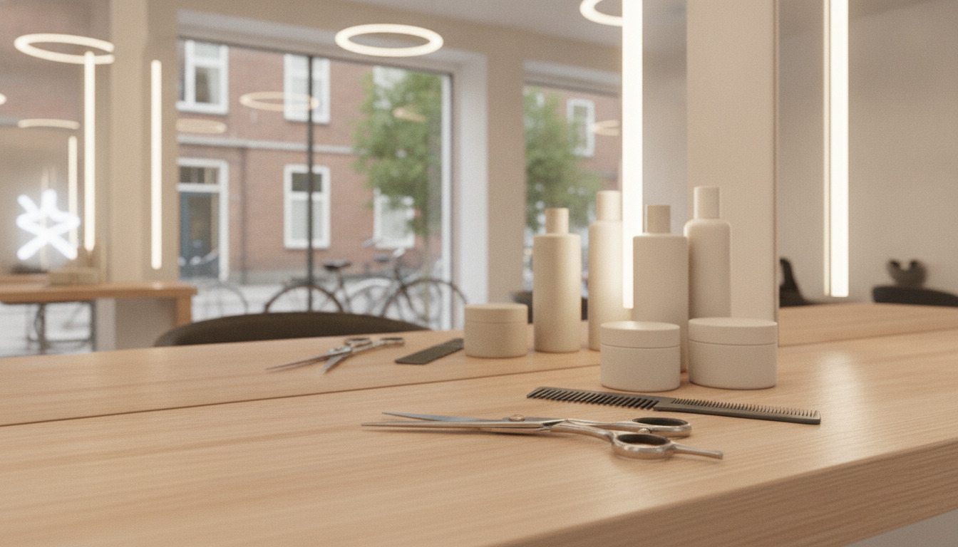 Frisørredskaber og produkter på lysttræbord i salon med moderne belysning og spejl i baggrunden.