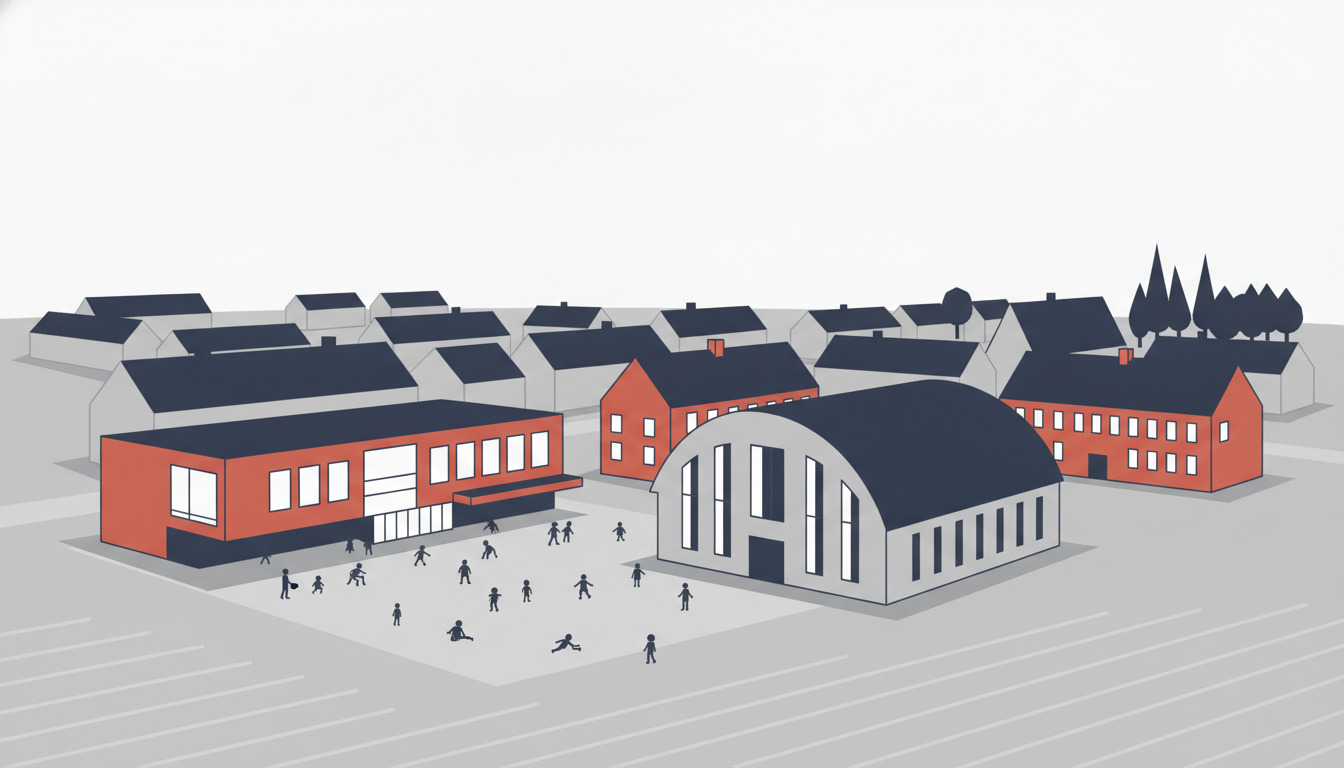 Flad vektor-illustration af Ringkøbings uddannelseskvarter: en rødt-muret moderne skole med store vinduer, en lysegrå hal med kirkearkitektur-stil gymnasium med høje buede vinduer, og boligbygninger samlet omkring en central gård hvor børn leger.