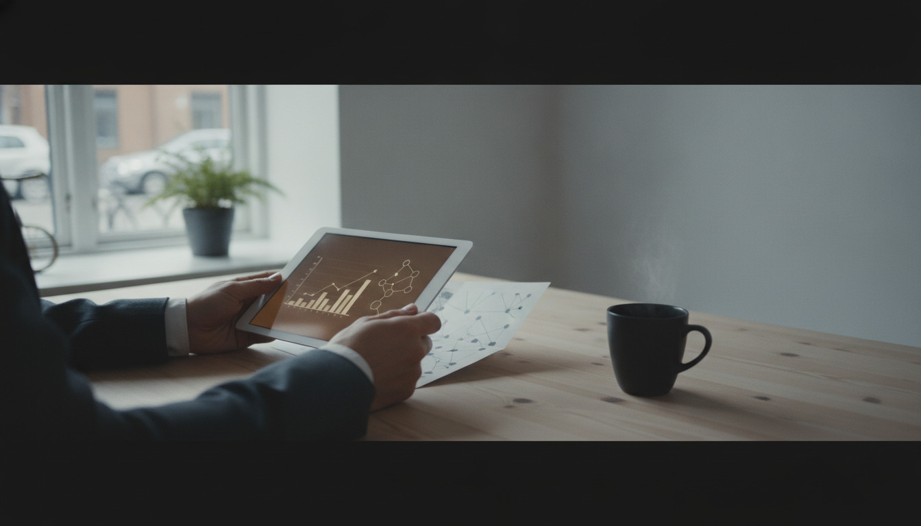 Arbejdssøger holder tablet med grafer og statistikker ved træbord med kaffekop og dokumenter i dagslys.
