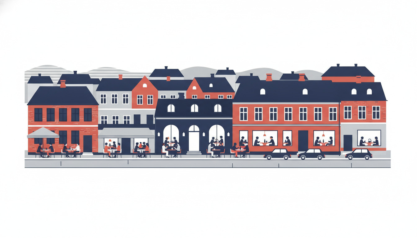 Fladtvektor-illustration af en livlig Jyderup-gadescene med farverige danske bygninger, udendørs caféplaceringer, oplyst restaurantsvinduer, parkerede biler og mennesker, der spiser – som repræsenterer byens mangfoldige spiskultur.