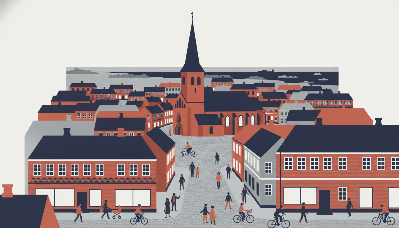 Illustration af Grenaa by med Grenaa Kirke på torvet, omgivet af gågader og historiske bygninger, med havet i det fjerne.